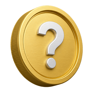 Elemento decorativo en la página de preguntas frecuentes que muestra una moneda dorada en 3D con un signo de interrogación